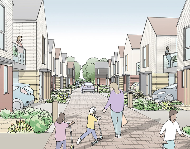 Illustrative view along shared-surface Mews Street showing carefully balanced allocation of space between pedestrian, landscape and vehicular requirements.